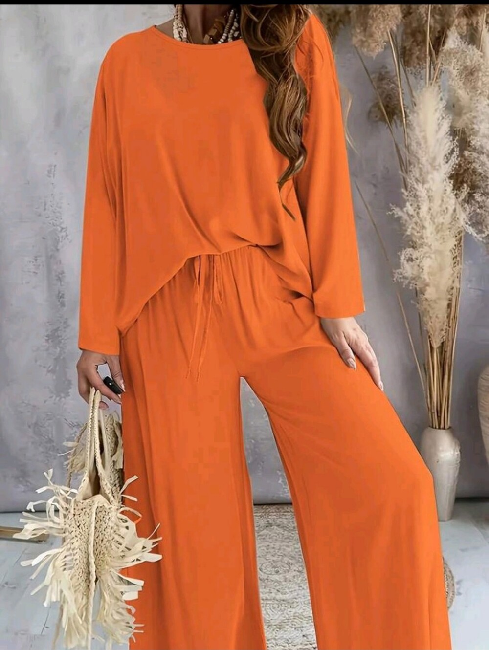 Coral Orange Wide-Leg Lounge Pants Set